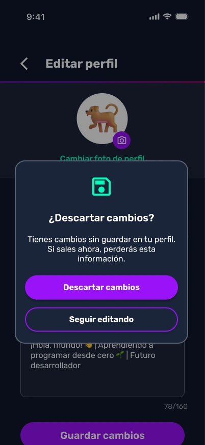LearnCode mobile UI showing the confirmation modal dialog to save or discard profile edits