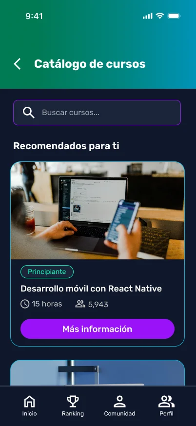 LearnCode mobile UI showing the course catalog screen with standardized bottom navigation