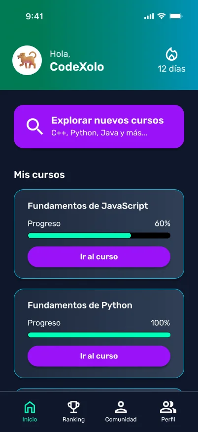 LearnCode mobile UI showing the Home dashboard with the daily streak indicator and persistent bottom navigation bar