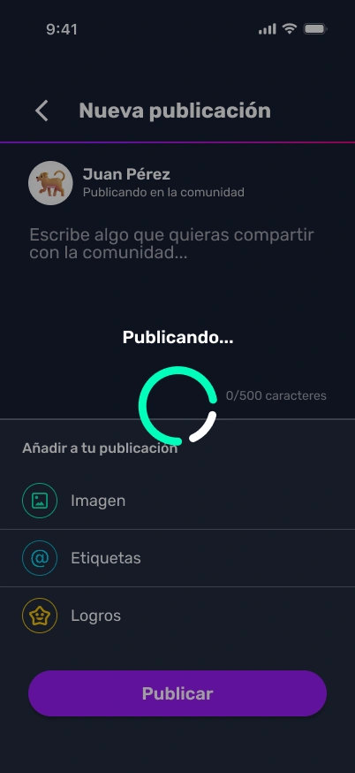 LearnCode mobile UI showing the circular progress loader during community post upload