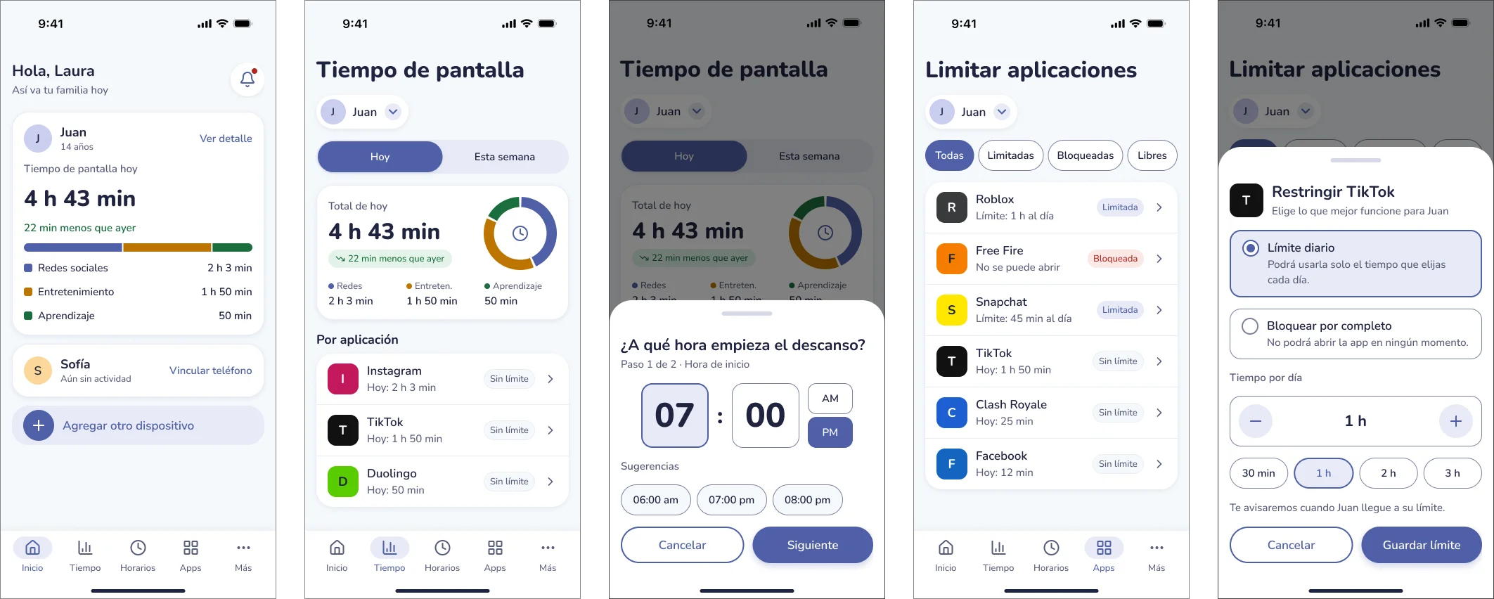 Five high-fidelity Lumi screens: Home with family summary, Screen time with category chart, rest-start time sheet, app limits list, and the TikTok restriction sheet.