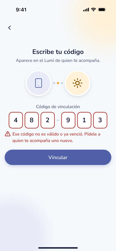 Device-linking screen with an error message saying the entered code is invalid or expired.