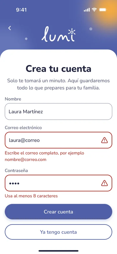Sign-up form with inline errors asking for a complete email address and a password of at least 8 characters.