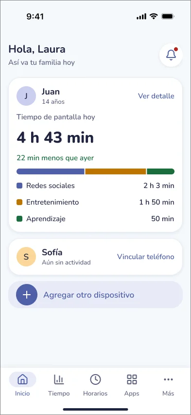 Lumi Home screen with a family summary and Juan’s daily screen time of 4 h 43 min split by category.