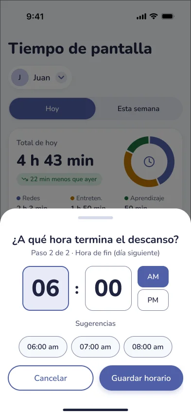 Schedule sheet, step 2 of 2: choosing the rest end time on the next day, set to 06:00 AM, with a “Guardar horario” button.