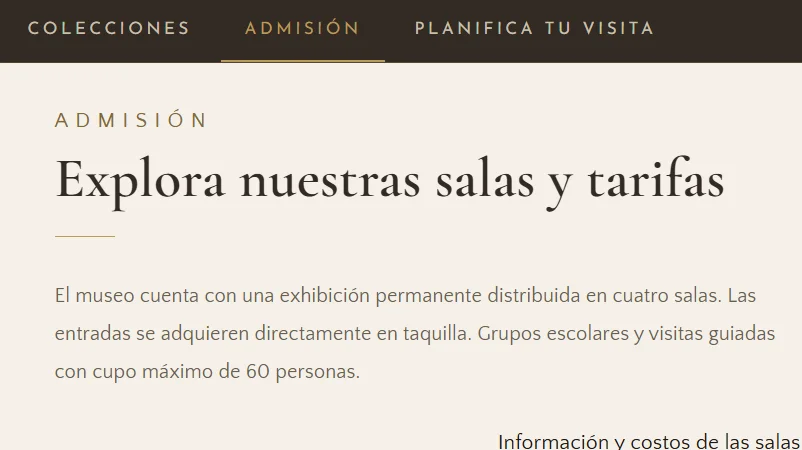 MUARH navigation header demonstrating the clear 'Admisi&oacute;n' link label and admission fees section