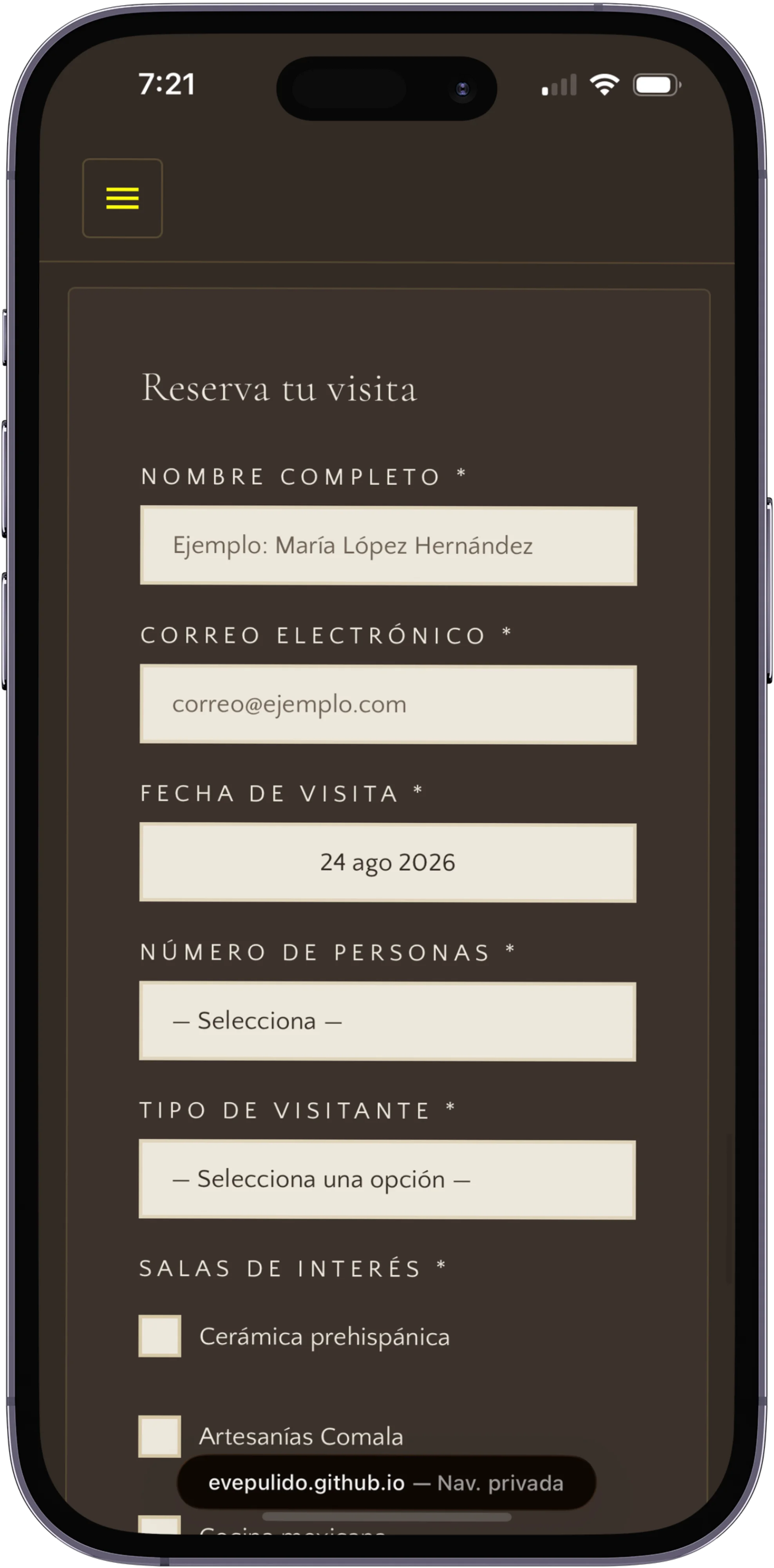 MUARH visit reservation form on a smartphone