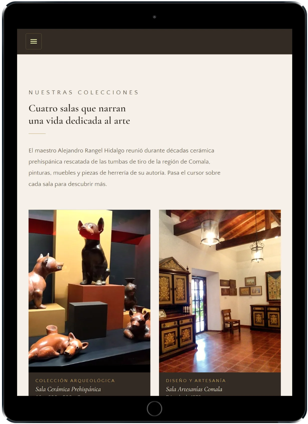 MUARH exhibition halls page on a tablet, with a short introduction and photos of two halls